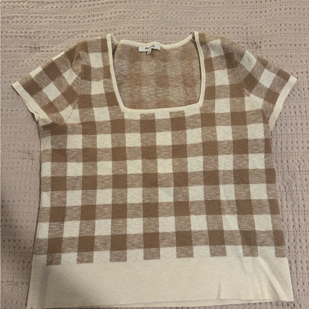 Madewell Brown and Cream Checkered Short Sleeve Sweater